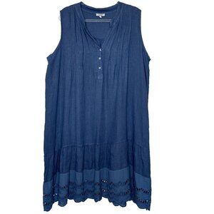 Rosemarine Blue Sleeveless Linen Tiered Dress Eyelet Hem Size 1X Lagenlook